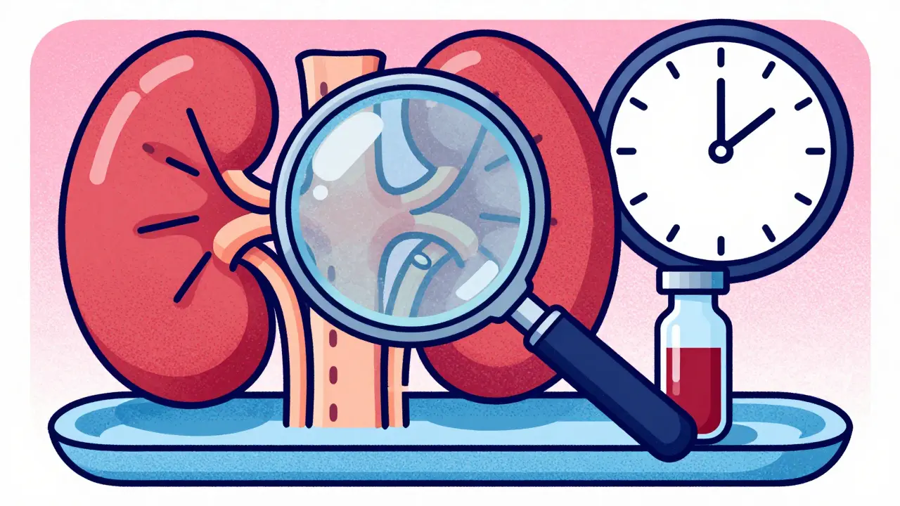 Magnifying glass over kidney and blood vial for monitoring