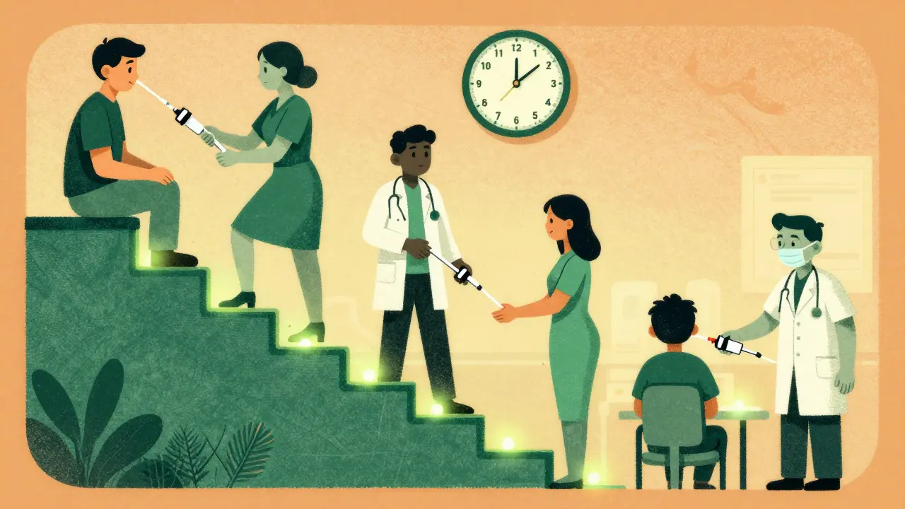 Medical team administering a 12-step drug desensitization protocol with glowing steps and ticking clock in background.