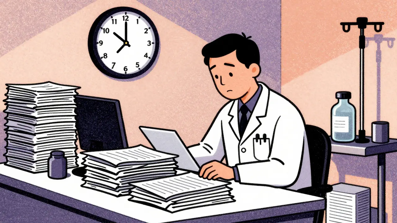 Overwhelmed pharmacist working late amidst stacks of paper files