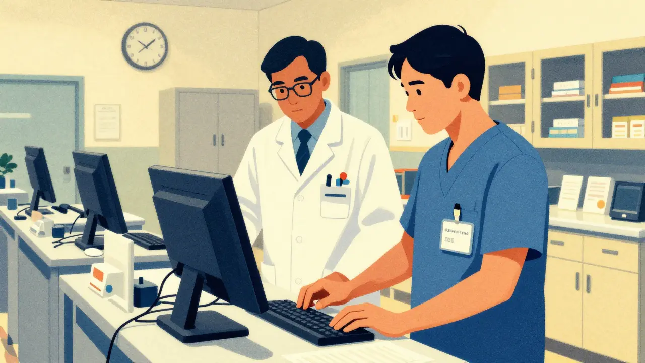 Pharmacist and technician collaborating at workstation