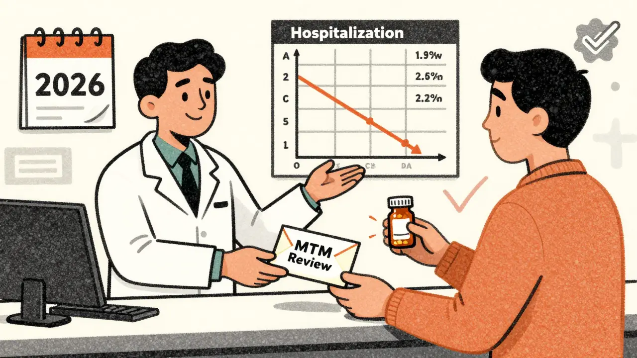 Pharmacist giving patient MTM envelope while chart shows falling drug costs