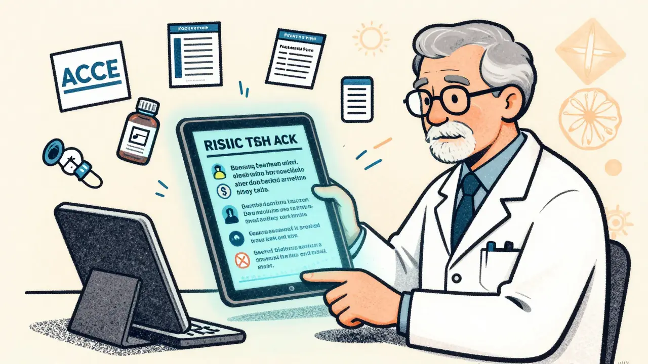 Pharmacist using tablet showing holographic patient case with rising TSH, surrounded by CE and law icons.