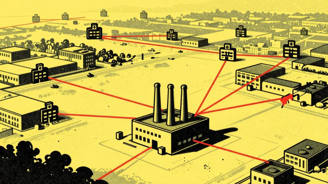 Single factory building connected to several hospitals by thin connecting lines