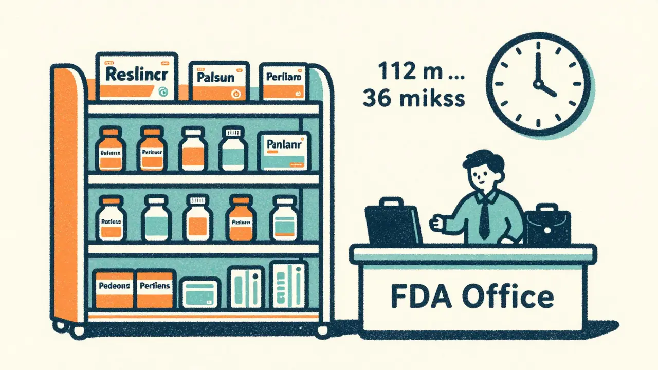 Small pharmacy shelf with cheap generic bottles next to expensive brand-name boxes, clock showing faster approval times