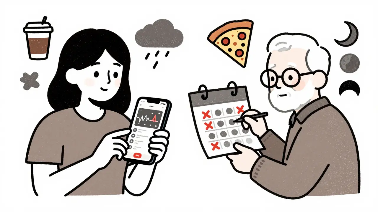Two people tracking symptoms—one with a digital app, one with paper—surrounded by symbols of food, weather, and sleep patterns.