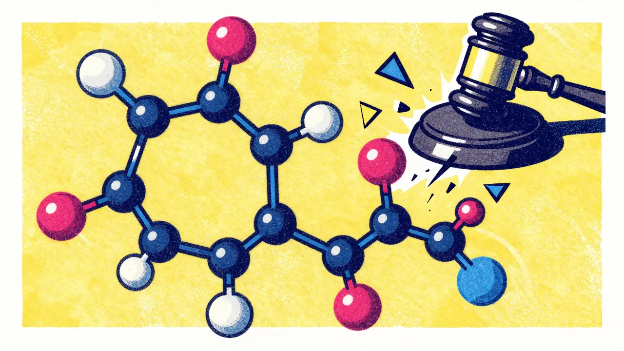 A gavel shattering a complex antibody molecule in a colorful risograph illustration.
