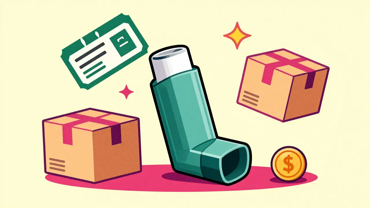 A generic inhaler surrounded by discount coupons and a delivery box in risograph style.