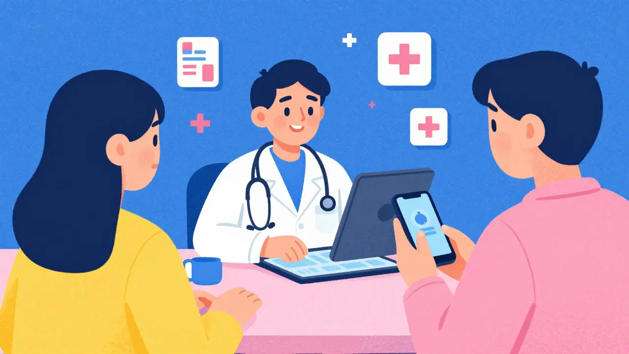 A patient having a telemedicine consultation with a doctor via a tablet in risograph style.
