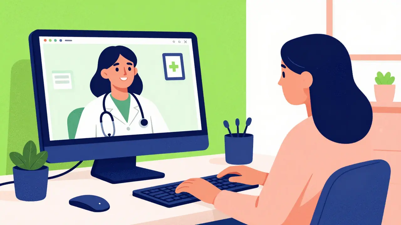 A patient having a virtual doctor appointment via computer in risograph style