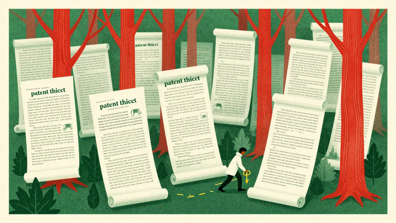 A person navigating a forest made of giant legal documents in risograph style.