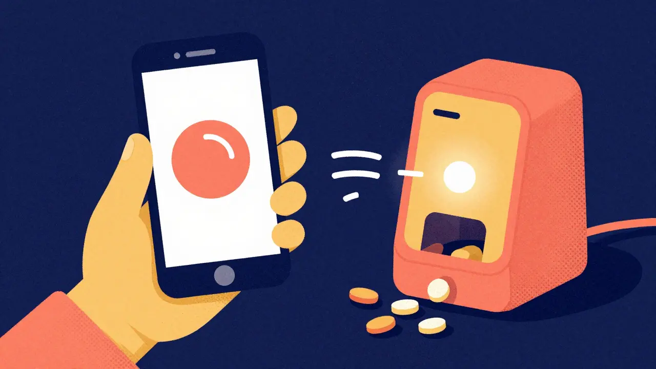A smartphone app and a smart pill dispenser with alerts in risograph style
