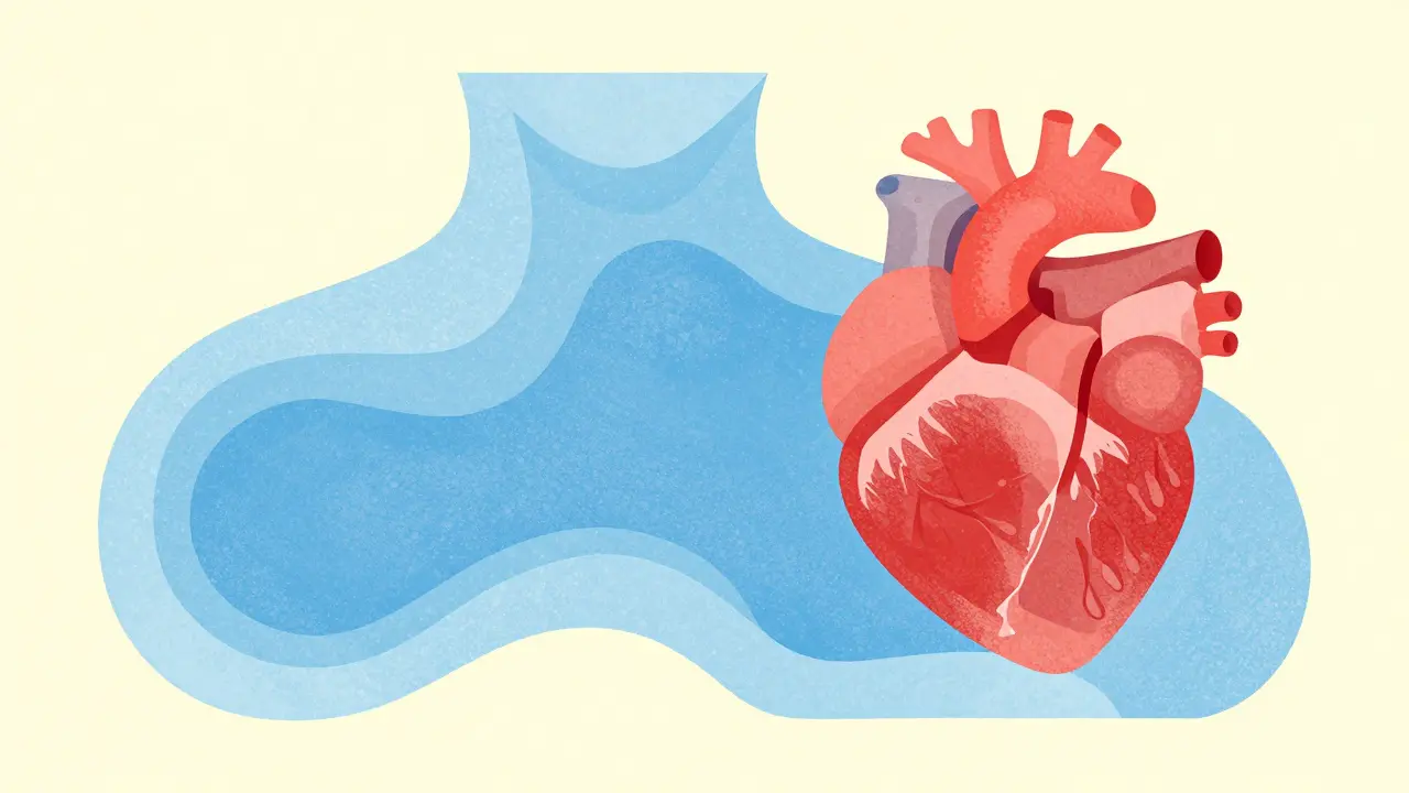 Abstract illustration of fluid retention and a heart symbol in risograph style