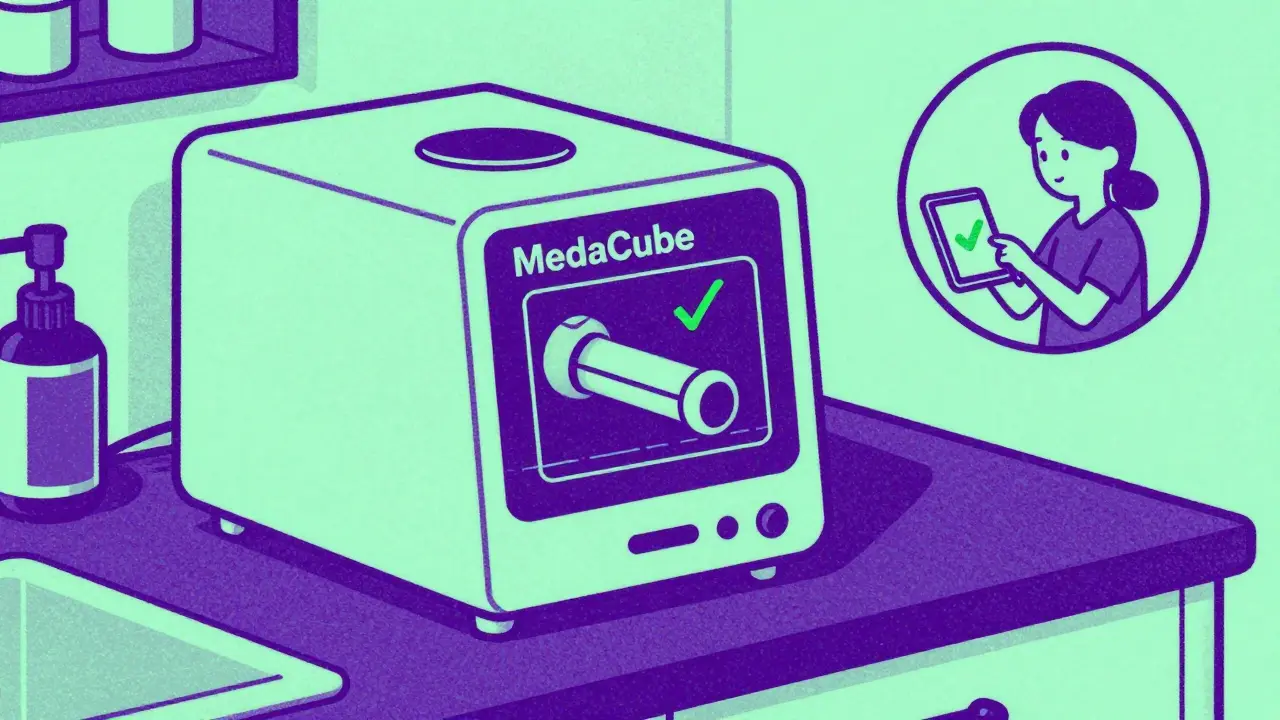 An automated pill dispenser with a remote caregiver monitoring it in risograph style