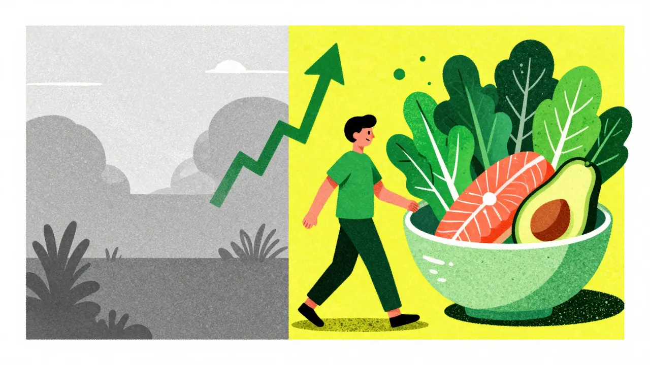 Comparison image showing a transition from a sedentary lifestyle to healthy eating and exercise.