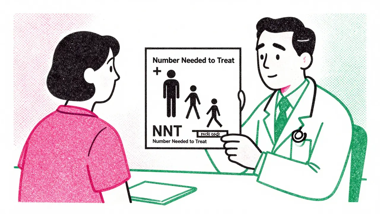 Doctor showing a patient a pictogram of figures in a risograph illustration.