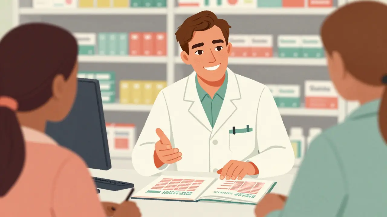 Pharmacist advising a customer about medication options.