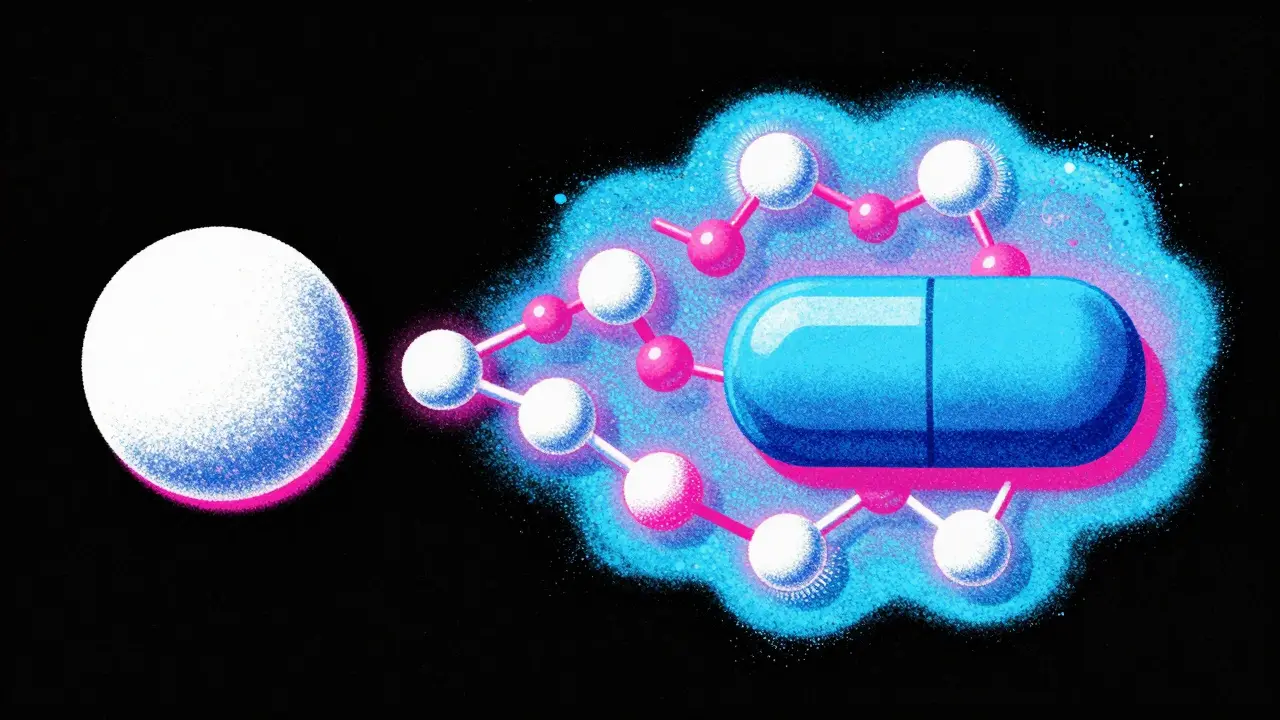 Two different pills dissolving into identical molecules.